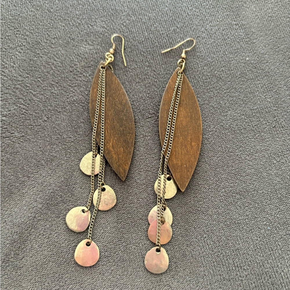 Boho Wooden Leaf Dangle Earrings - Brown